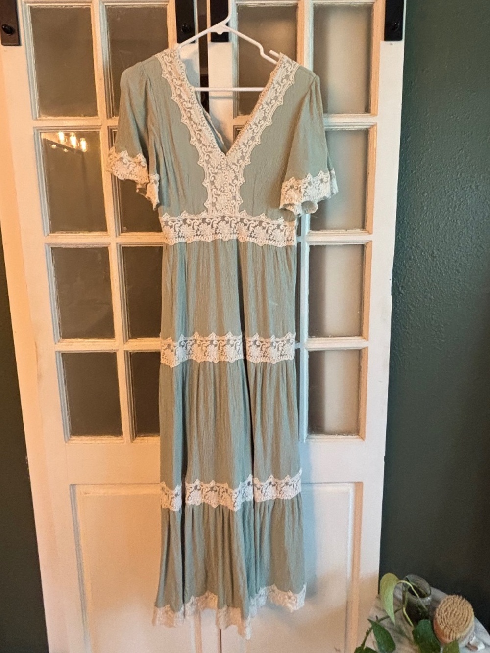 Wishlist Maxi Dress Womens Small Sage Green Crochet Lace Boho Cottagecore Fairy